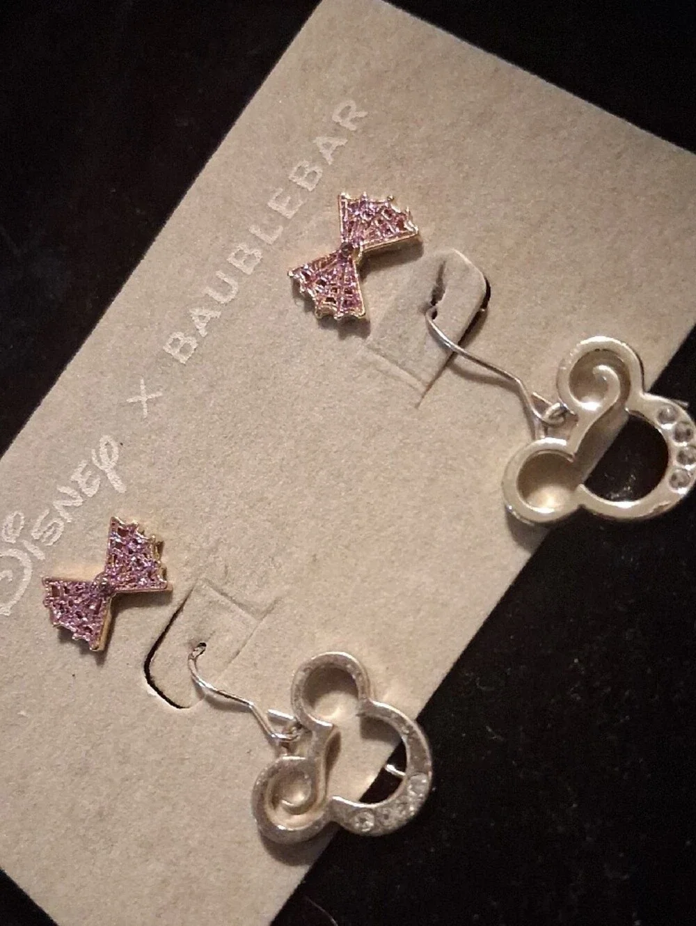 BaubleBar Kids Pink Bow with Silver Mickey Drop Earrings